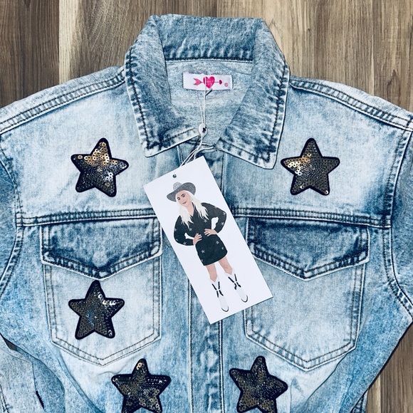 New Buddy Love Denim Dress. Raelynn style with Sequin stars, Mini, Raw edge hem - Picture 7 of 14